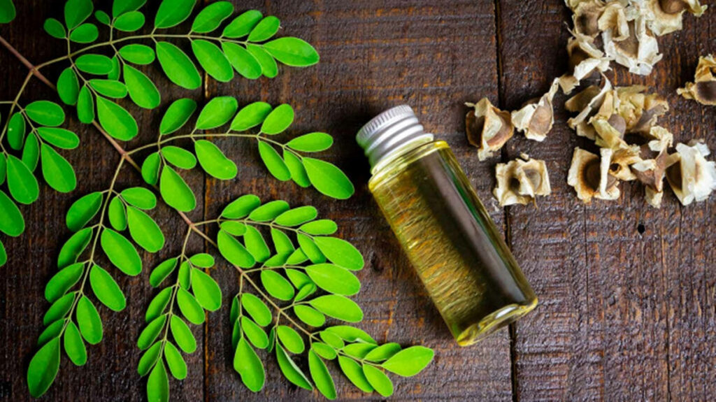 Vibrant Moringa Oil Wallpaper: Natural Essence on Rustic Wood