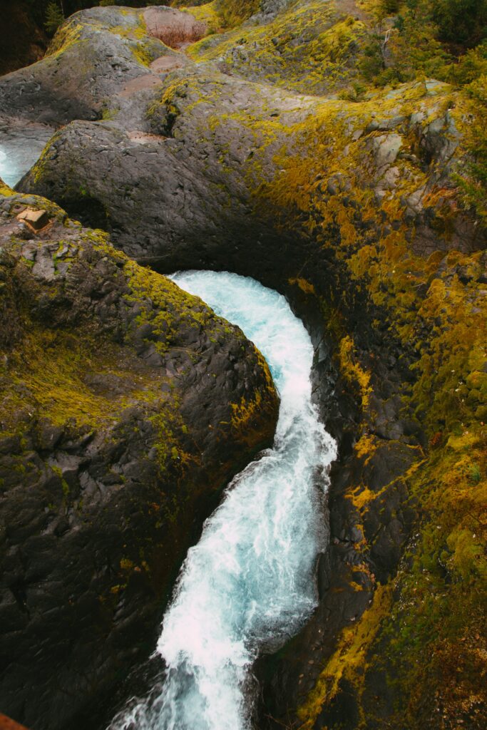 Vibrant stream flowing over mossy rocks with lush greenery and blue water natural landscape Wallpaper