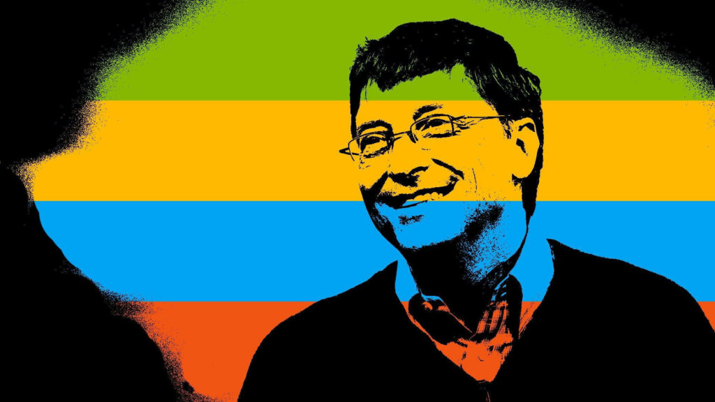 Vibrant multi-colored Bill Gates painting wallpaper with bold green orange yellow blue stripes background
