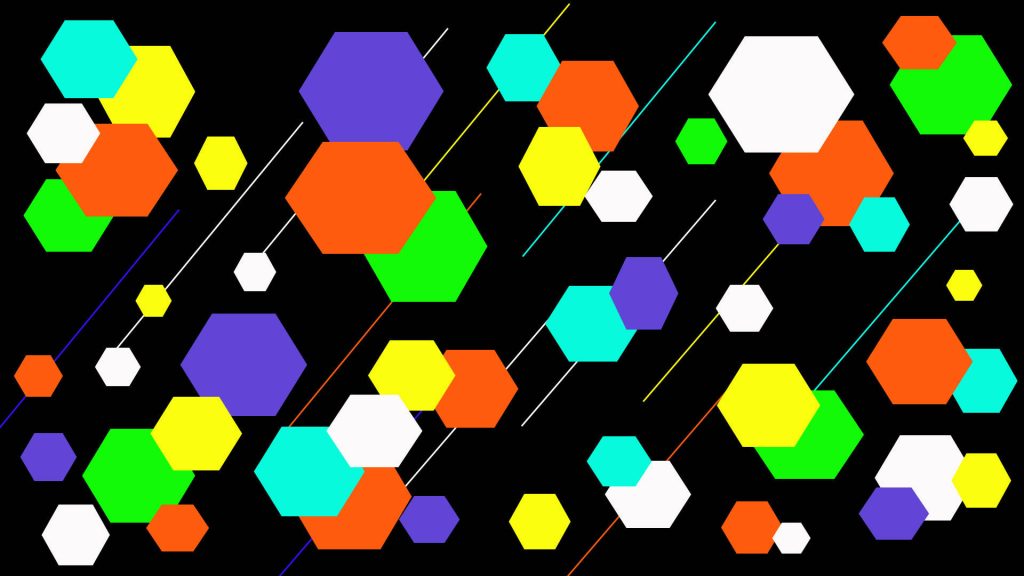 Vibrant multicolor hexagon wallpaper with bright geometric shapes and diagonal lines on black background