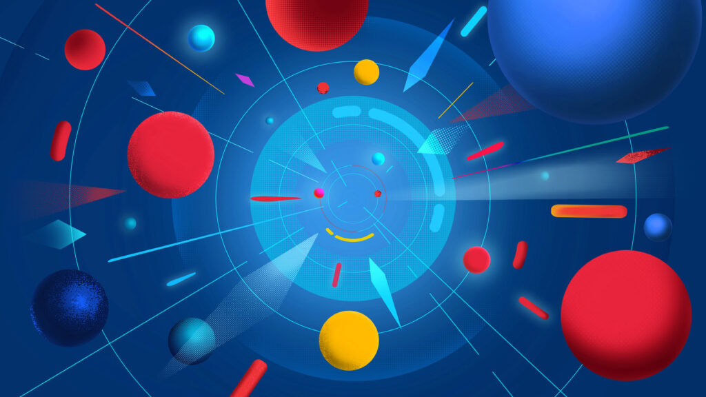 Vibrant Multicolored Circles & Lines on Dynamic Blue Background Wallpaper