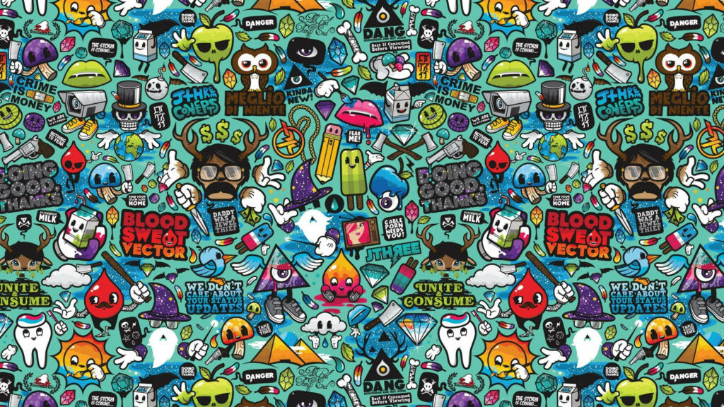 Vibrant Cartoon Collage: A Whimsical Doodle Wallpaper by Blood Sweat Vector