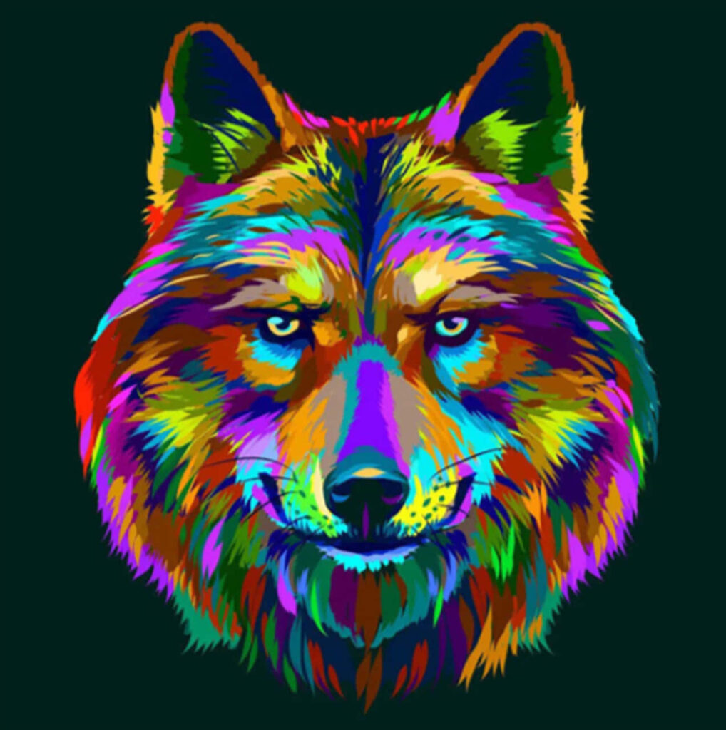 Vibrant Multicolored Wolf Head Wallpaper on Dark Background
