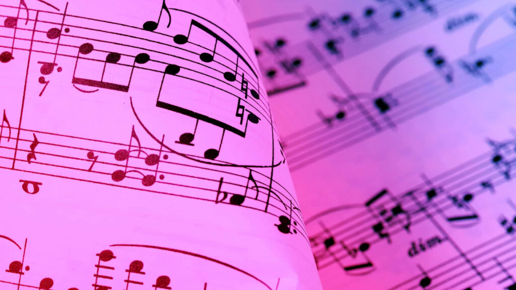 Artistic Music Notes Wallpaper: Bright Pink & Blue Aesthetic Background