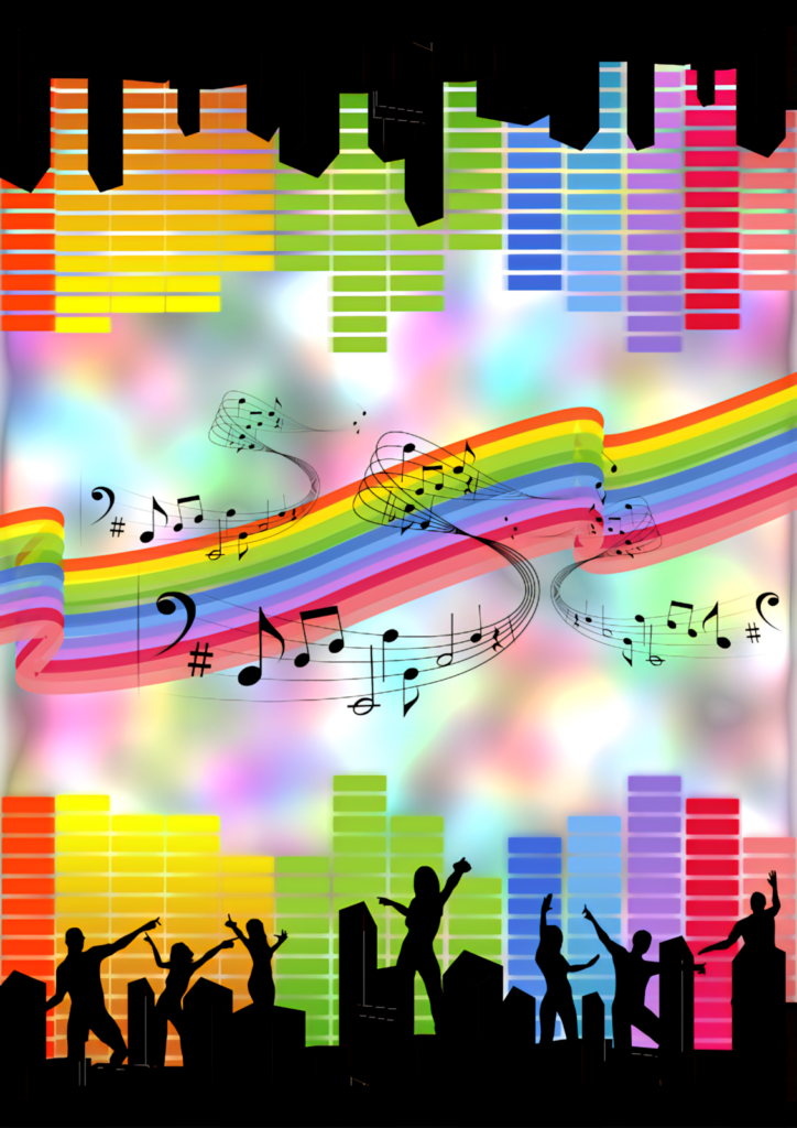 Vibrant Music Party Wallpaper: Colorful Dancers & Equalizer Design