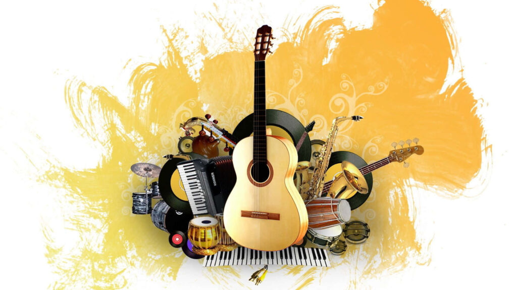 Vibrant Music Wallpaper: Guitar, Keyboard, Tabla & Saxophone Art