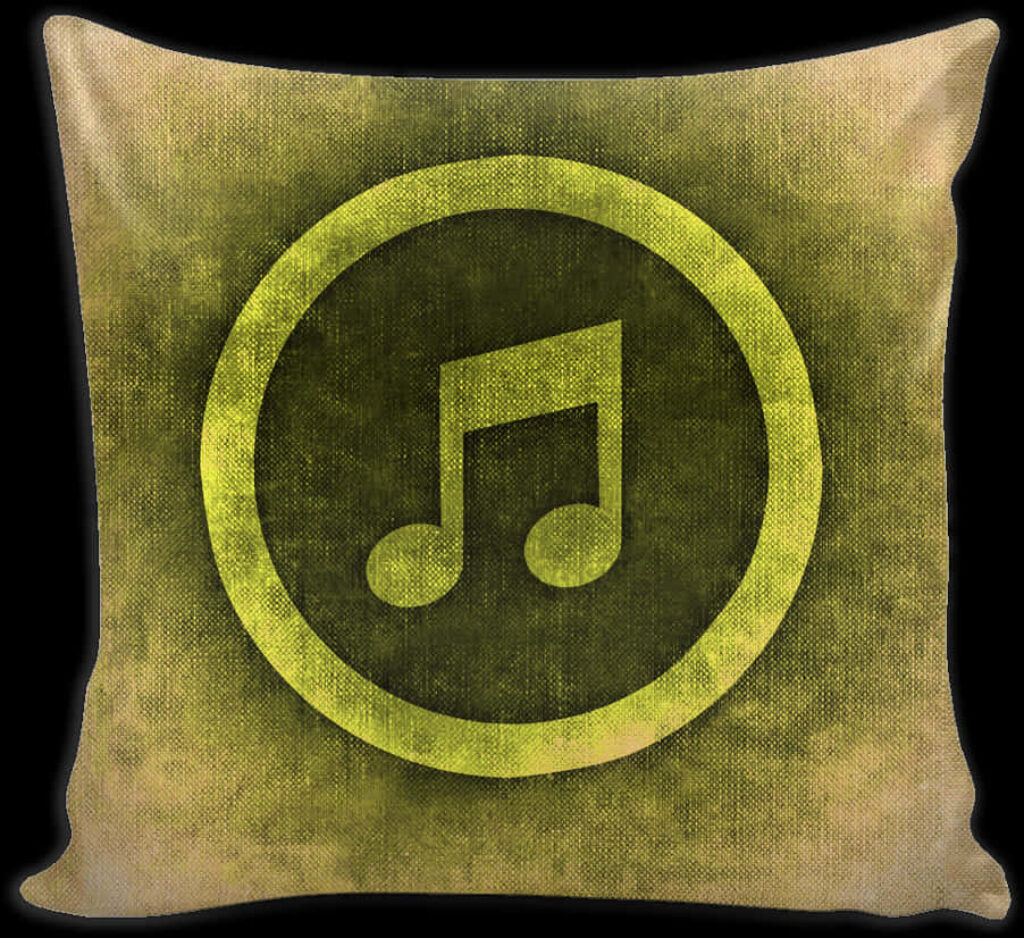 Vibrant Music Note Cushion Design on Vintage Yellow-Green Wallpaper