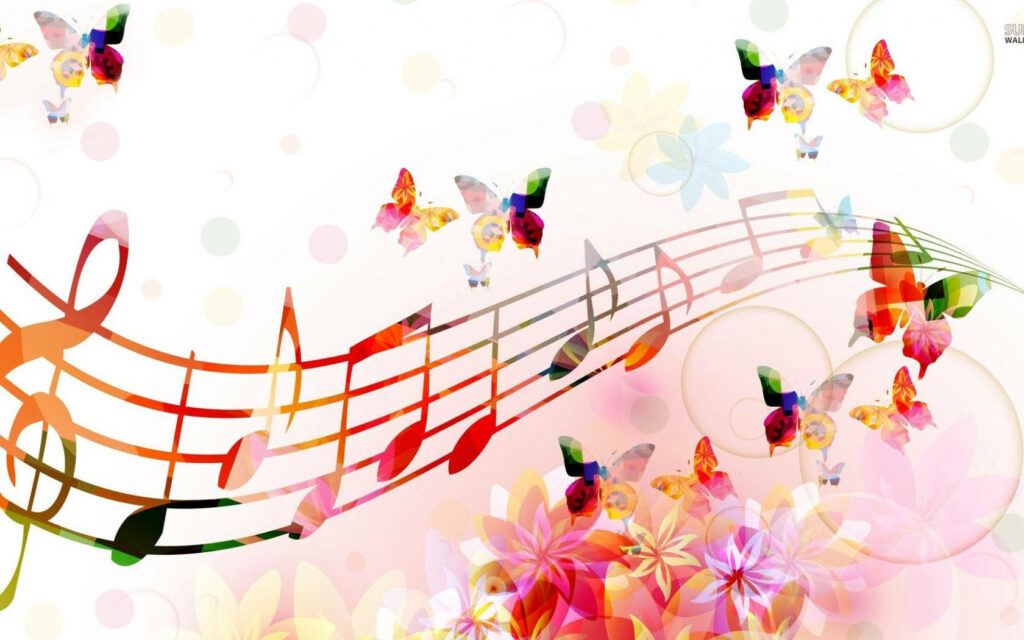 Vibrant Music Notes & Butterflies: Whimsical Floral Wallpaper