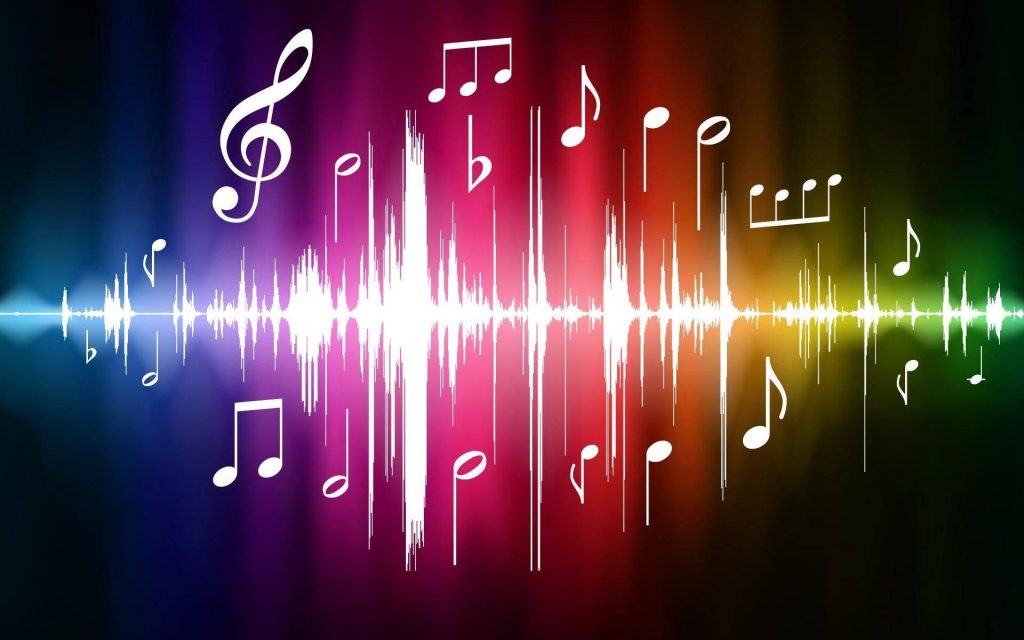 Vibrant music sound waves wallpaper with white audio frequency and colorful musical notes background