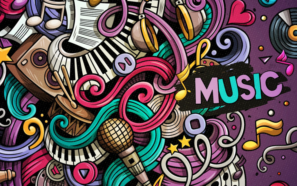 Vibrant Music-Themed Doodle Wallpaper: Microphone, Notes & More