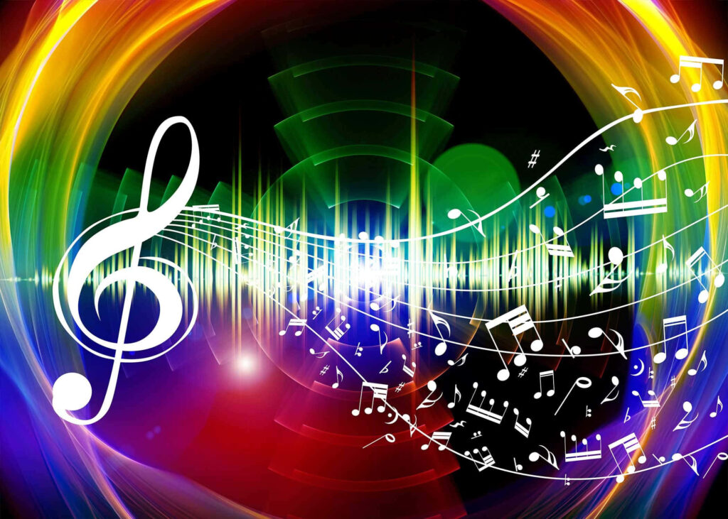 Colorful Music-Themed Wallpaper: Treble Clef & Rainbow Sound Waves