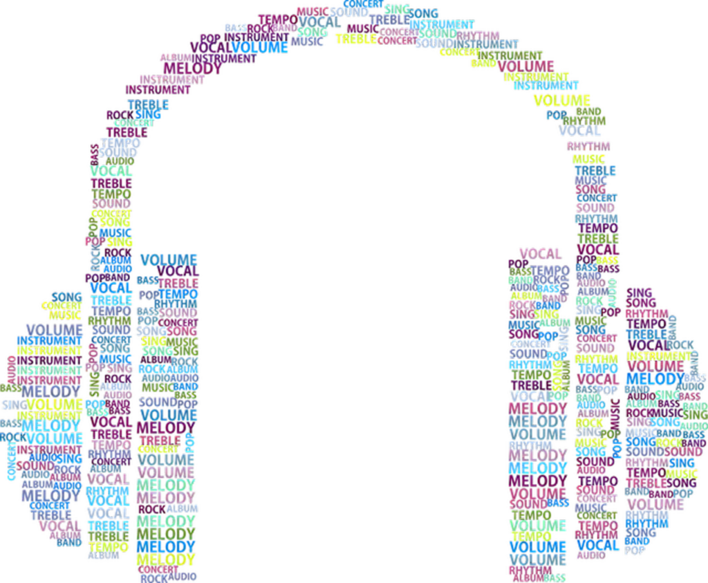 Colorful Word Cloud Headphones Wallpaper: Music-Inspired Design