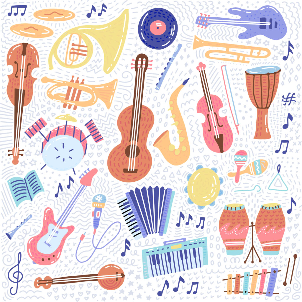 Vibrant Musical Instruments Wallpaper: Colorful Pattern Design
