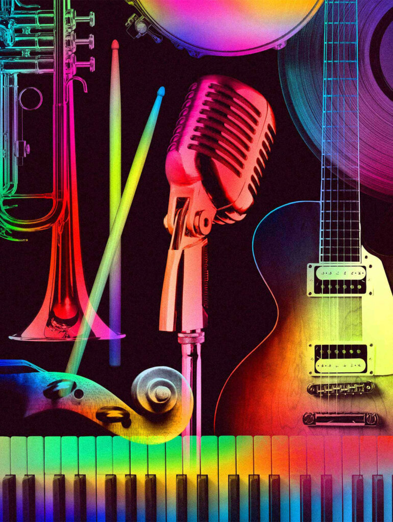 Vibrant Musical Instruments Wallpaper with Rainbow Gradient