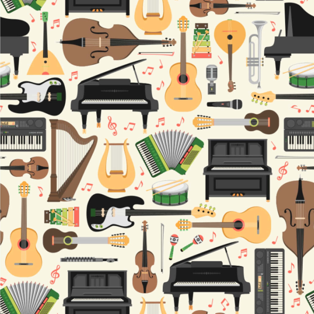 Vibrant Musical Instruments Wallpaper Background with Colorful Notes