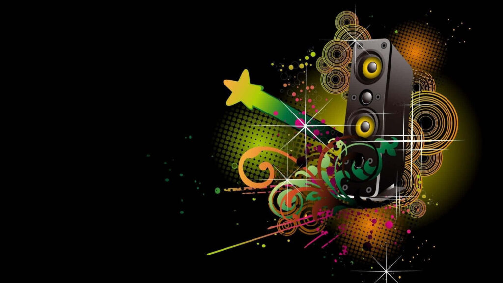 Vibrant Music Wallpaper: Colorful Notes & Speakers on Black Background