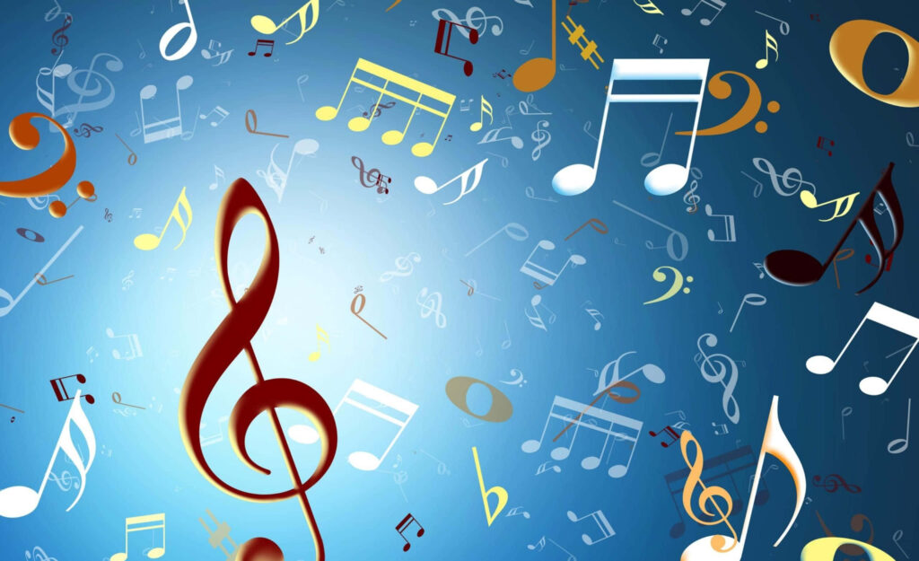 Vibrant Musical Notes Wallpaper Against Soothing Blue Background