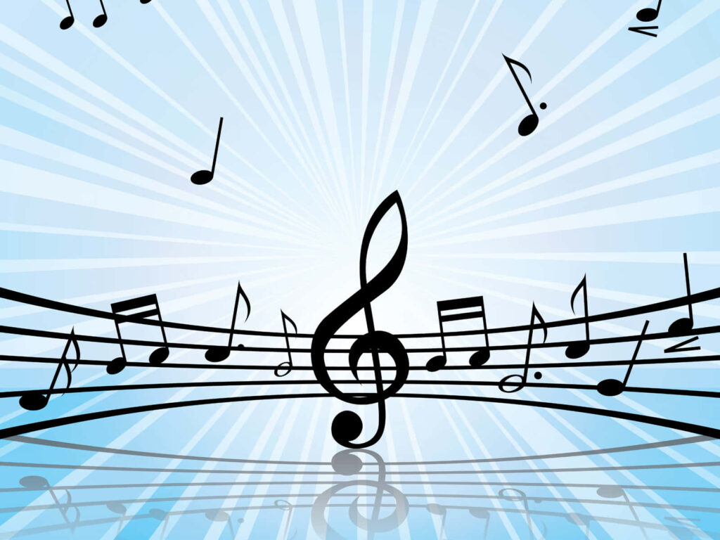 Vibrant Musical HD Wallpaper: Black Notes & Treble Clef on Blue