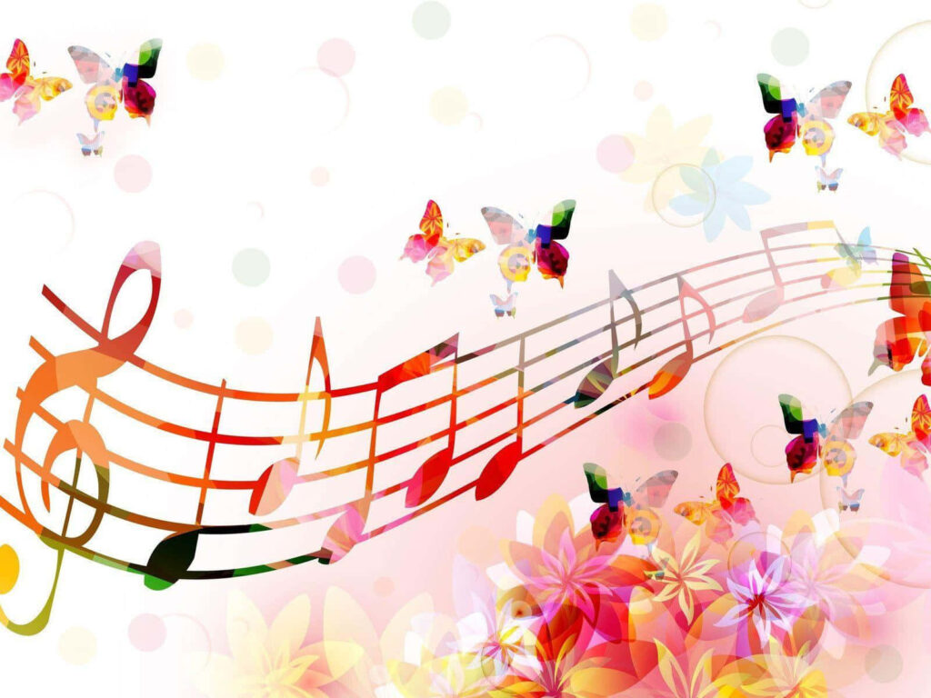 Colorful Musical Wallpaper: Flowing Notes & Lively Floral Design
