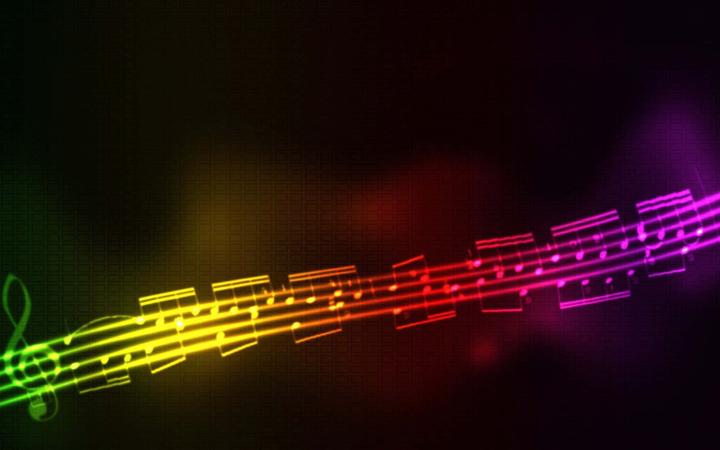 Vibrant Musical Staff Wallpaper: Colorful Neon Notes on Dark Gradient