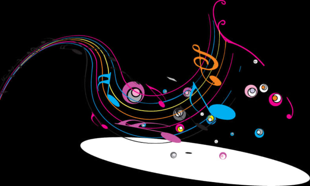 Vibrant Musical Wave Wallpaper: Colorful Notes on Black Background