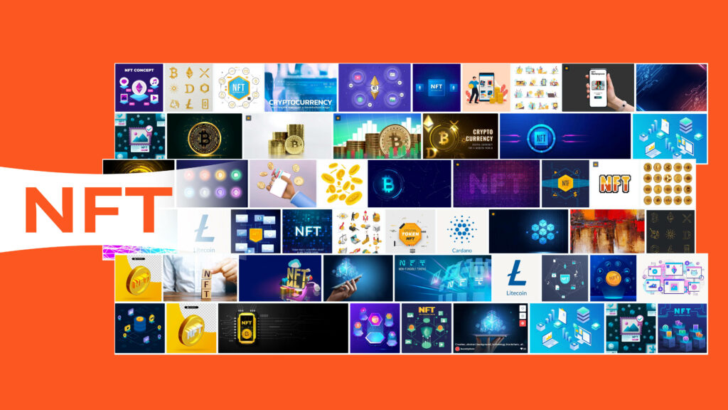 Vibrant NFT collage wallpaper with digital assets cryptocurrency and blockchain icons on orange background
