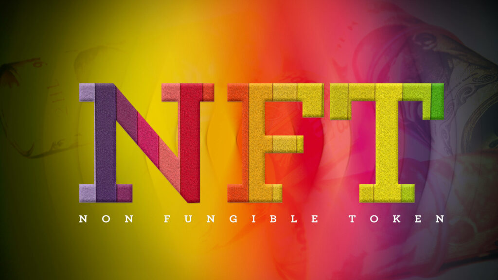 Vibrant colorful NFT logo wallpaper with bold textured letters and gradient background design