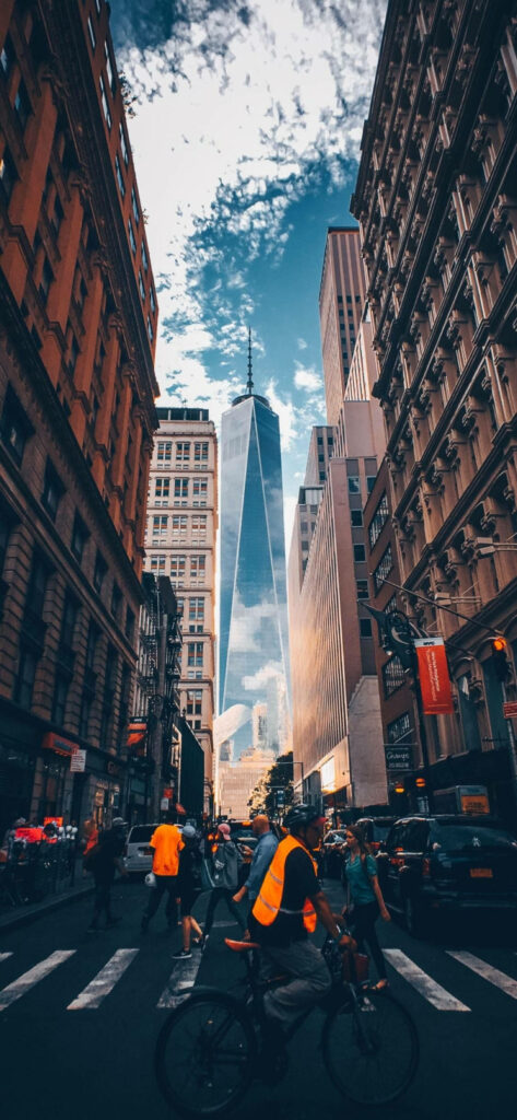 Vibrant NYC Street View with One World Trade Center - Wallpaper Background