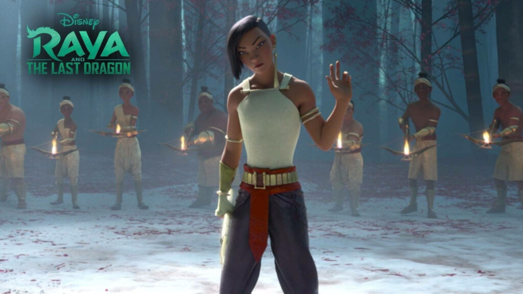 Namaari's Battle-Ready Pose in Vibrant Raya Wallpaper with Warriors
