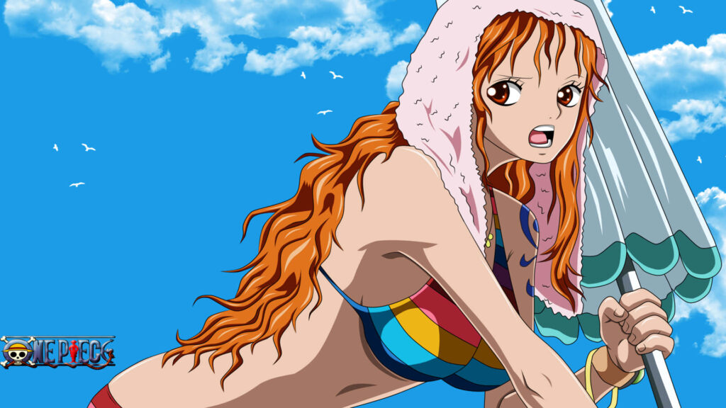 Vibrant Nami Wallpaper: Confident Pose Against Blue Sky & Waves