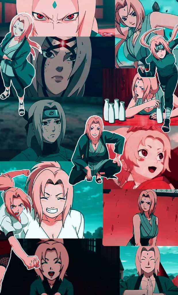 Naruto anime wallpaper collage with Sakura Haruno and Tsunade in dynamic poses for iPhone