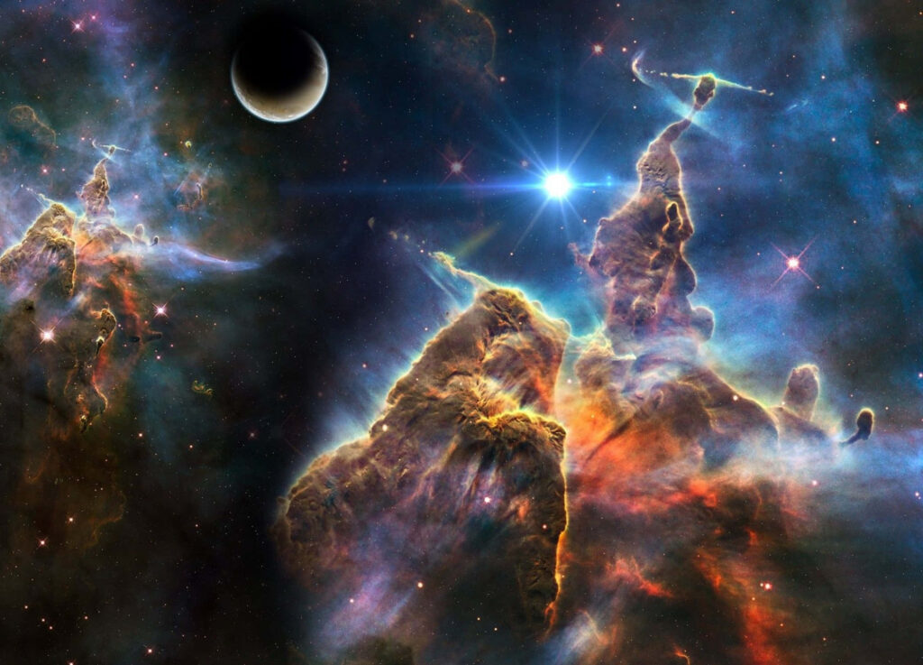 Vibrant nebula and glowing stars in cosmic scene wallpaper, showcasing outer space beauty.