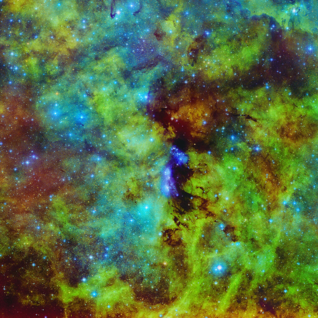 Vibrant Nebula Wallpaper: Green, Blue, Yellow Cosmic Scene