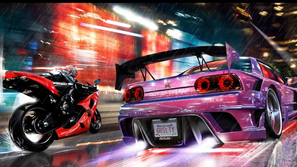 Neon Racing Wallpaper: Red Bike & Purple Car in Need for Speed Heat