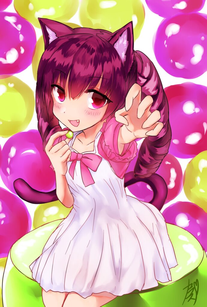 Vibrant Anime Wallpaper: Smiling Cat-Girl with Colorful Background