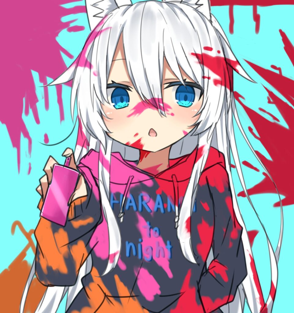 Vibrant Neko Girl Anime Wallpaper with Colorful Paint Splatter Background