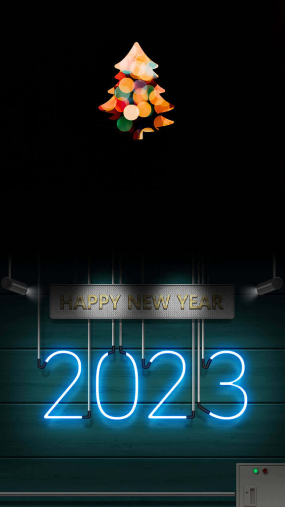 Vibrant neon 2023 Happy New Year wallpaper with colorful abstract Christmas tree background