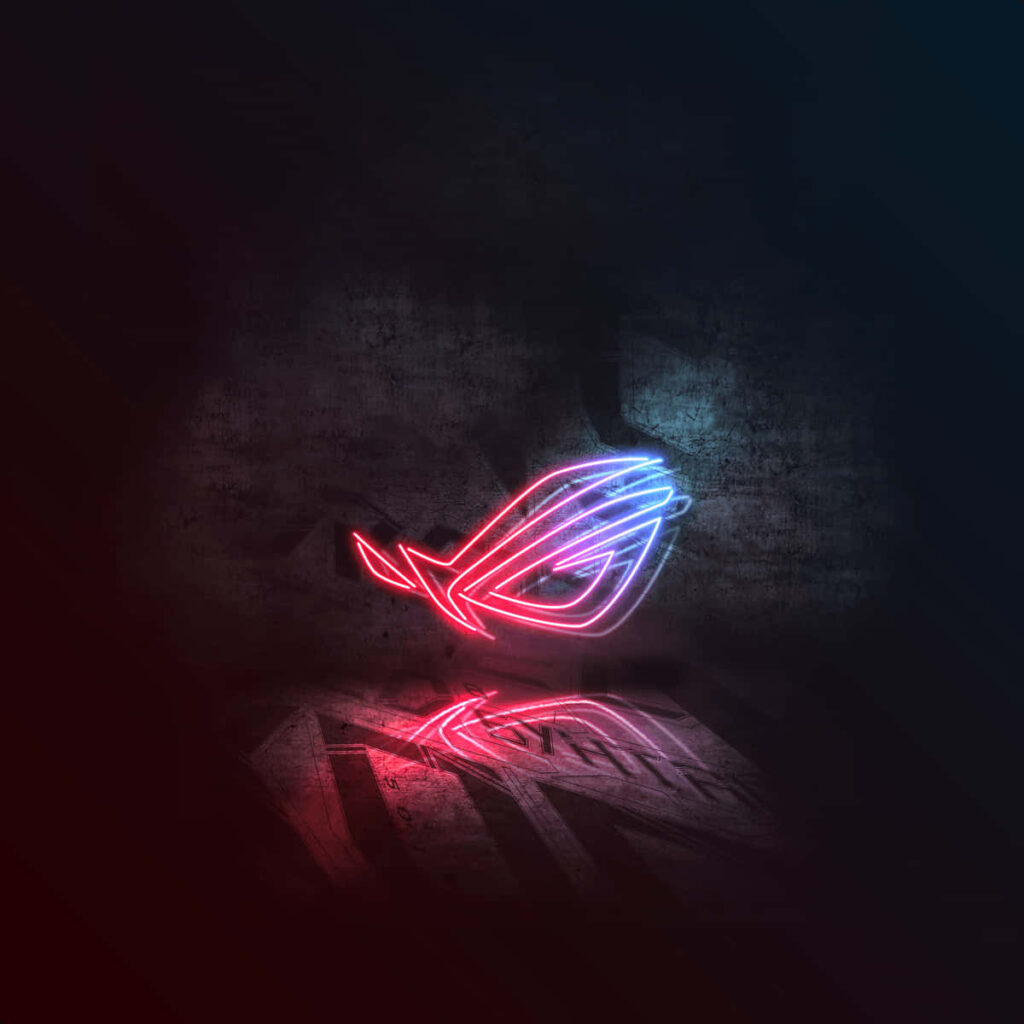 Vibrant neon ASUS ROG logo glowing on dark textured background elite gaming wallpaper
