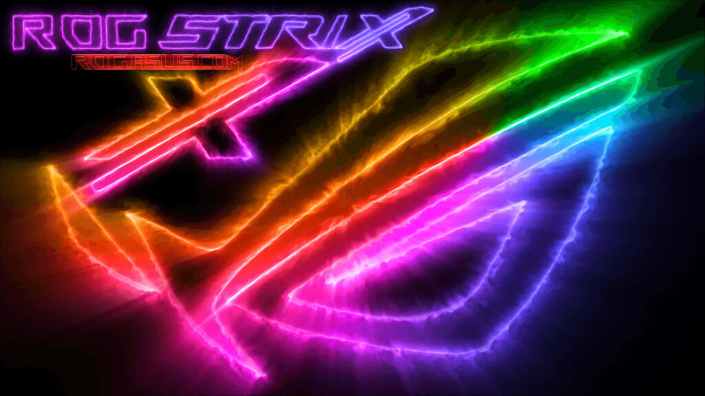 Vibrant neon ASUS ROG logo glowing on dark background high performance gaming wallpaper background