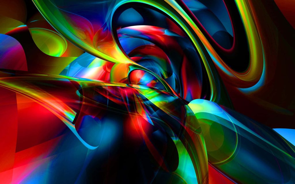 Vibrant abstract 3D shapes glowing neon red blue green yellow futuristic digital wallpaper background