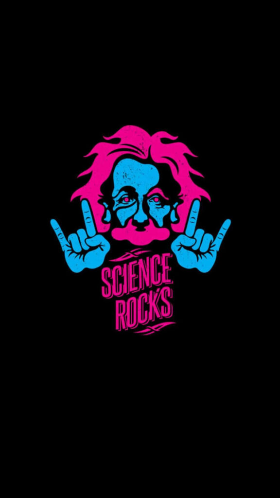 Neon Albert Einstein portrait with playful gestures and Science Rocks text vibrant science wallpaper