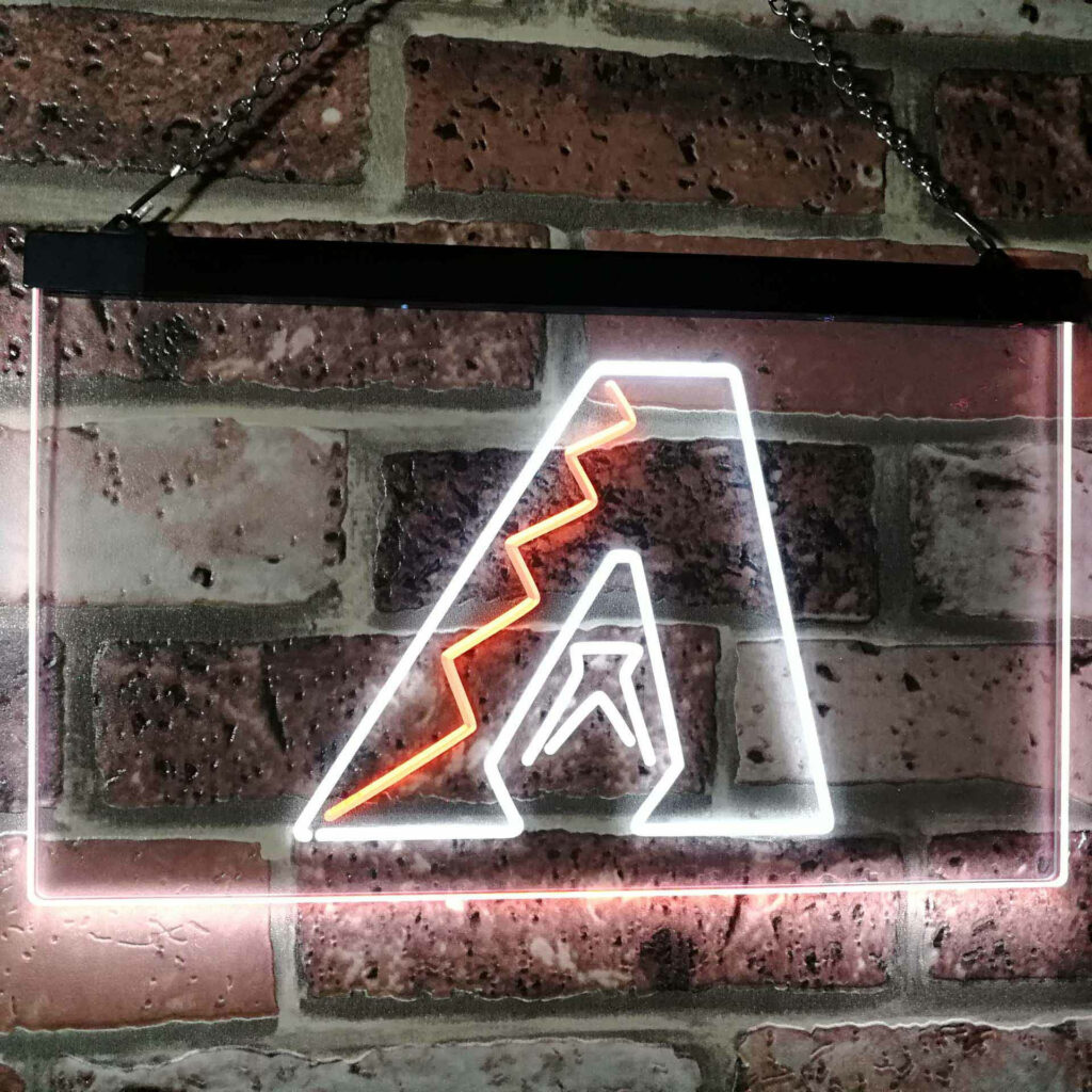 Vibrant neon Arizona Diamondbacks logo glowing white and red on rustic brick wall background Wallpaper