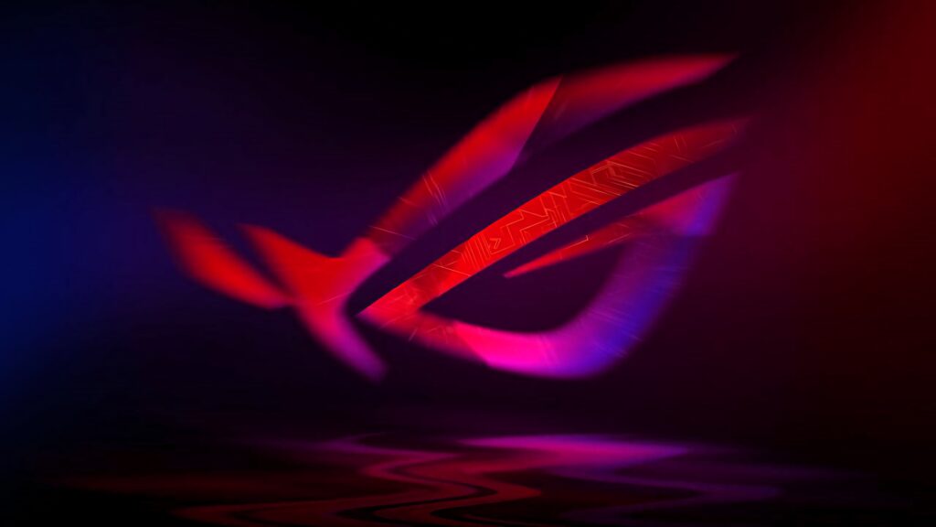 Blurry neon Asus ROG logo glowing red and purple vibrant tech wallpaper background