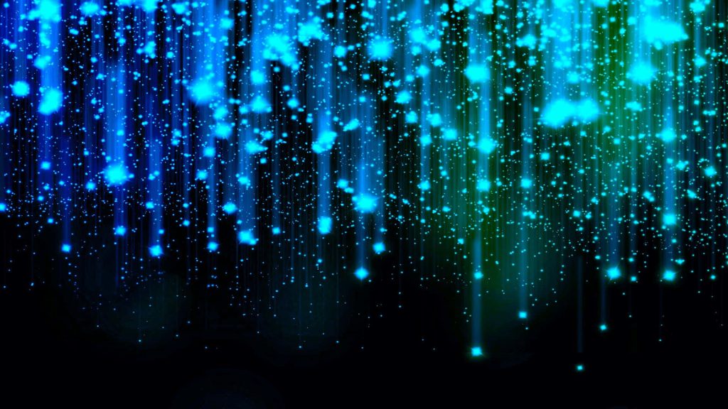 Abstract neon blue cyan light particles cascading on black background digital wallpaper