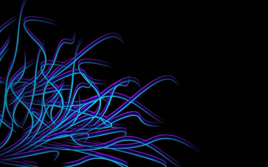 Abstract neon blue and purple light trails on black background futuristic digital wallpaper