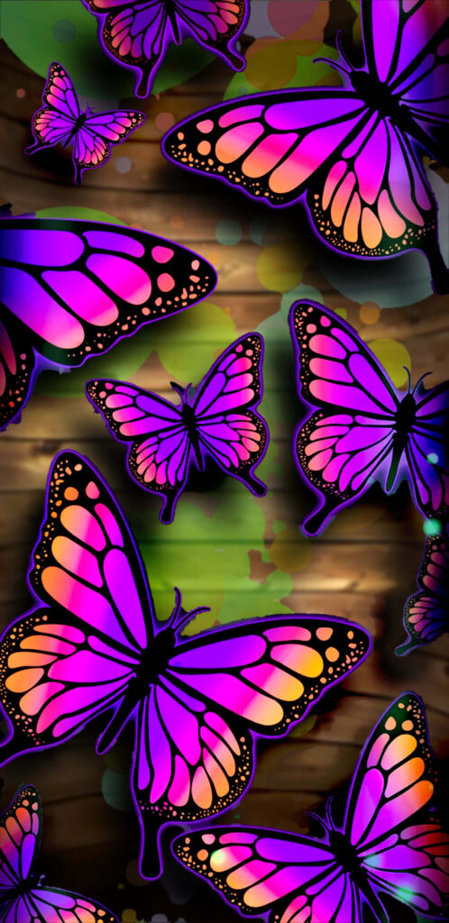Vibrant Neon Butterfly Wallpaper on Rustic Wood Background