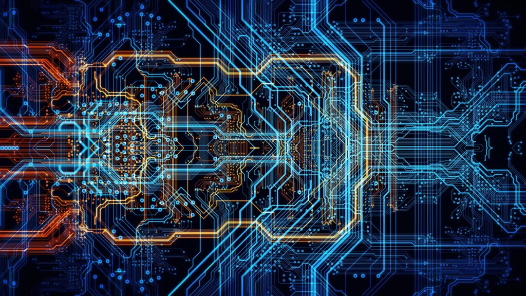 Vibrant Circuit Board Wallpaper: Neon Processor Design in Blue & Orange