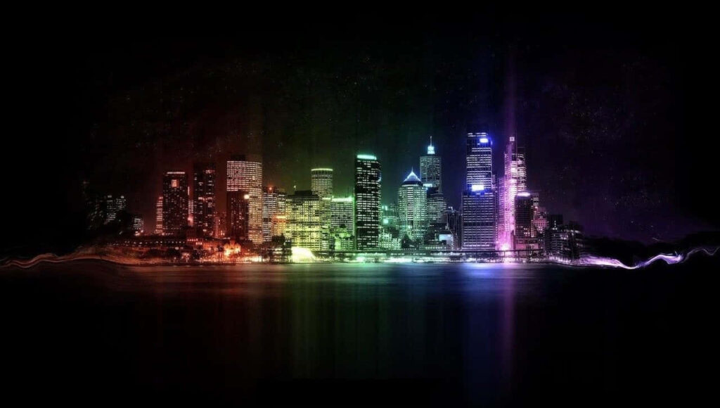 Stunning Neon Cityscape Wallpaper: Colorful Lights Reflecting on Water