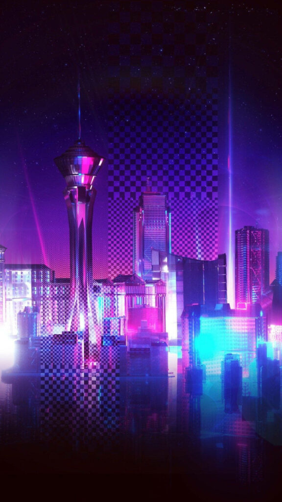 Vibrant Neon Cyberpunk Cityscape Wallpaper with Checkered Patterns