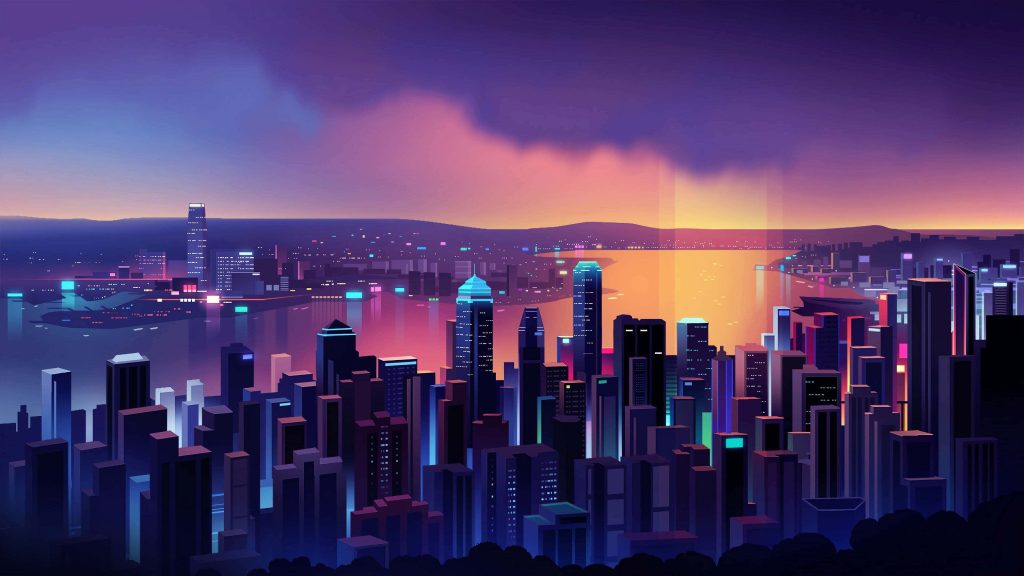 Futuristic city skyline at night with neon purple blue and orange lights reflecting on calm harbor Wallpaper